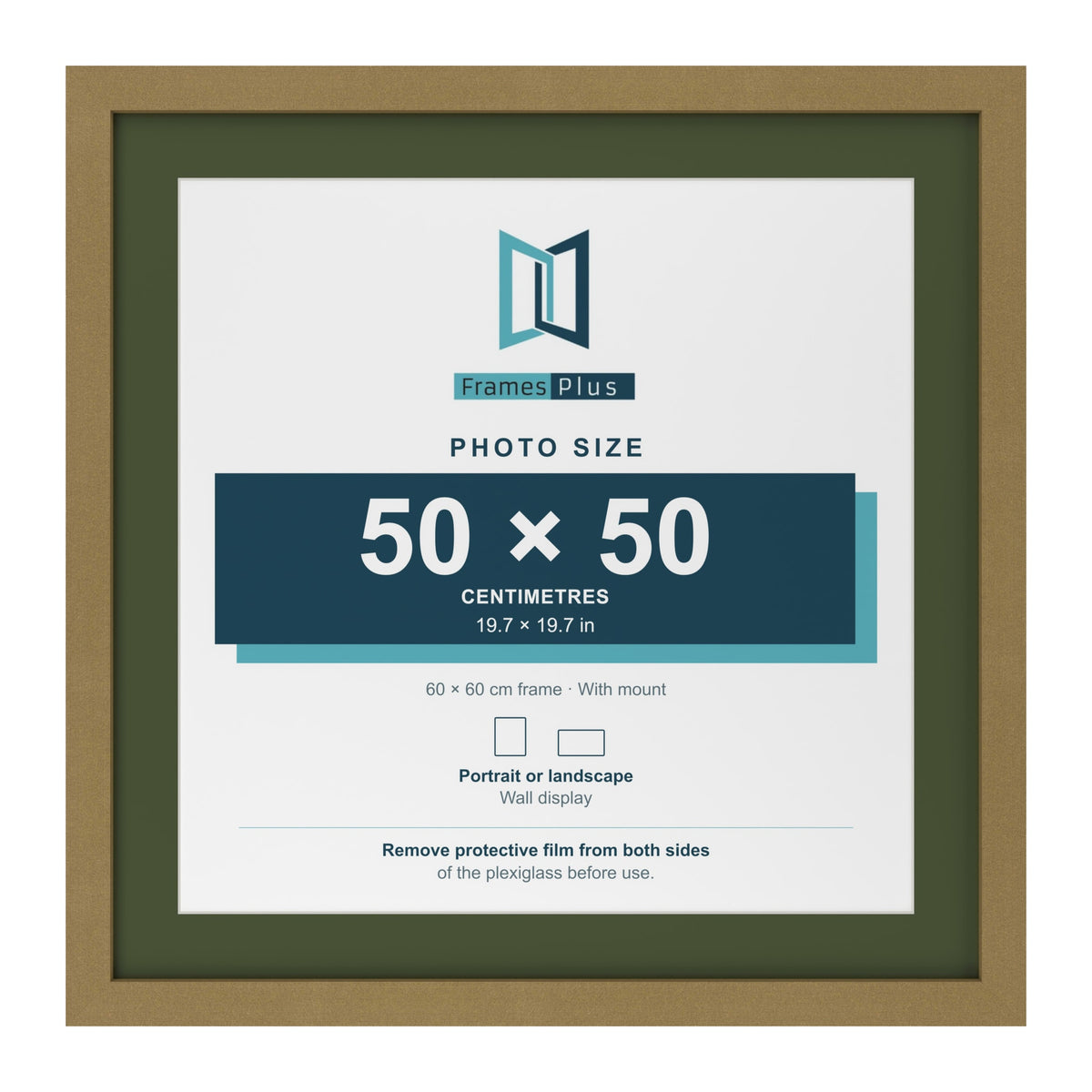 Gold 60 x 60 cm picture frame with a green mount for a 50 x 50 cm photo