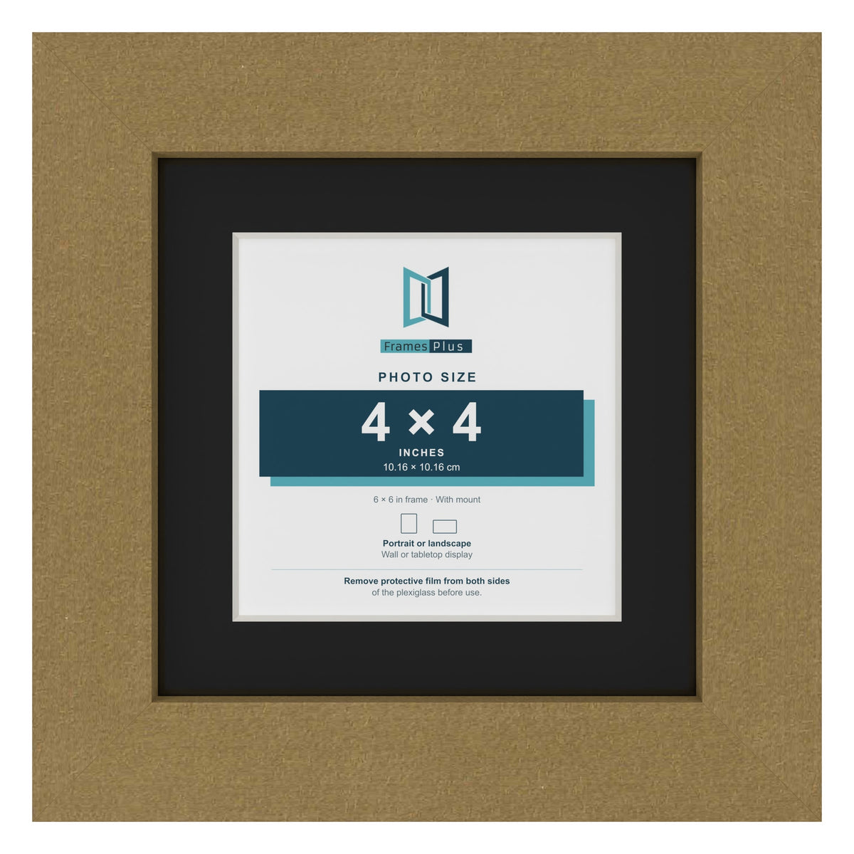 Gold 6 x 6 inch picture frame with a black mount for a 4 x 4 inch photo