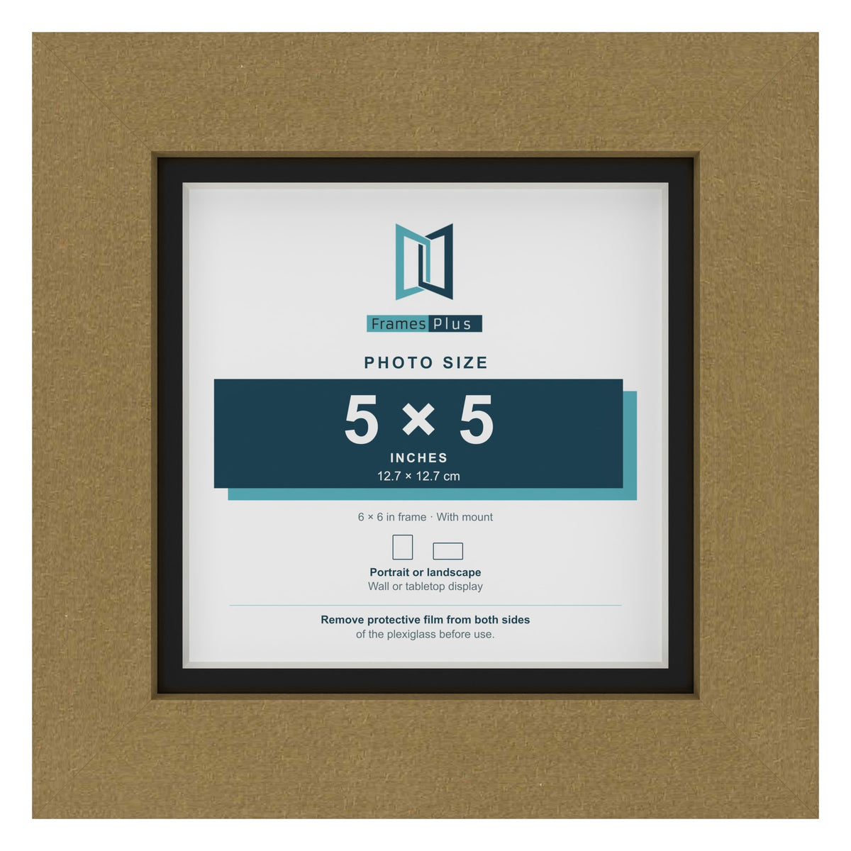 Gold 6 x 6 inch picture frame with a black mount for a 5 x 5 inch photo