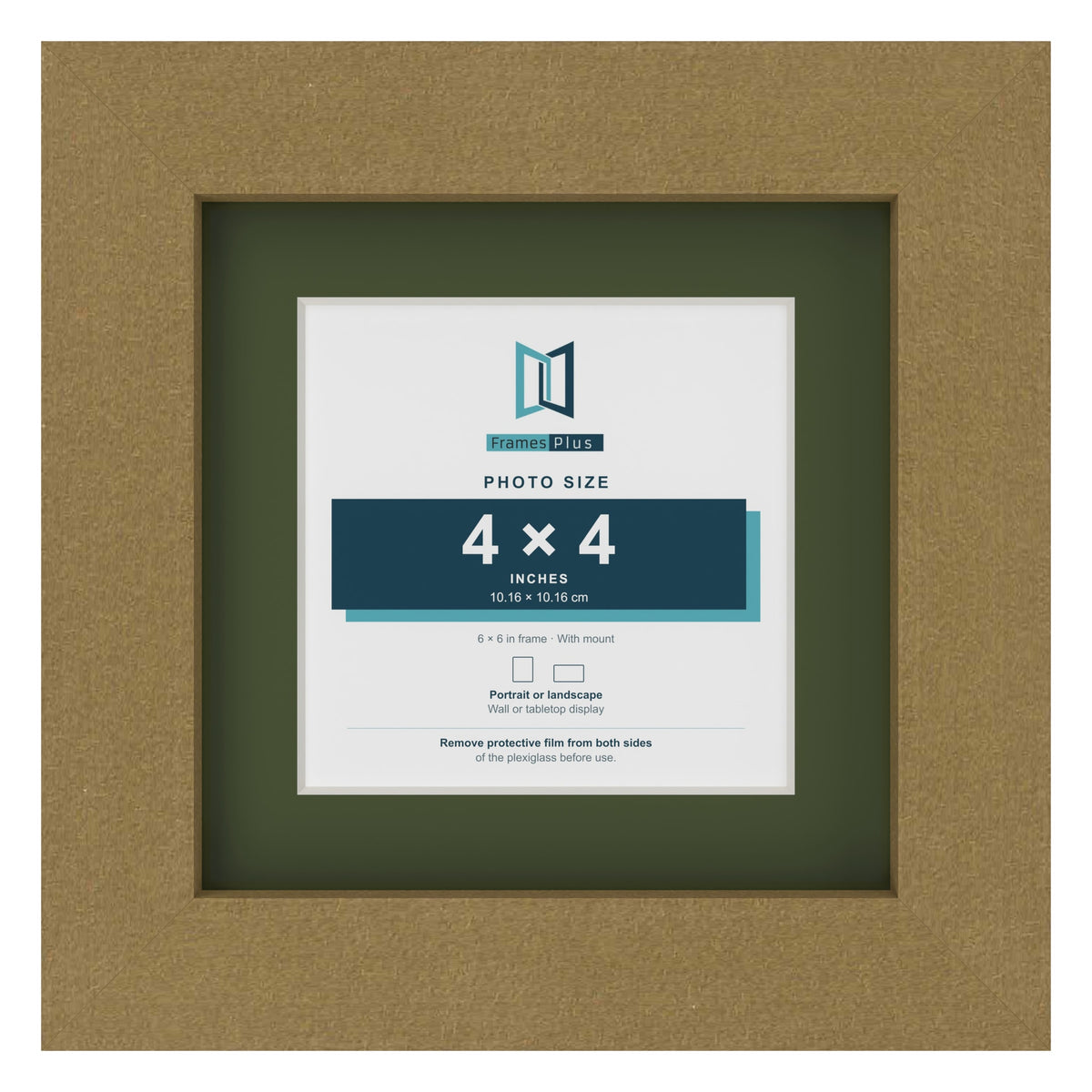 Gold 6 x 6 inch picture frame with a green mount for a 4 x 4 inch photo