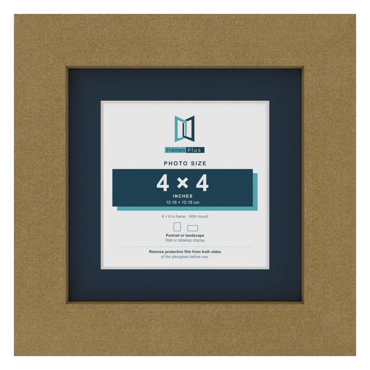 Gold 6 x 6 inch picture frame with a Pacific Blue mount for a 4 x 4 inch photo