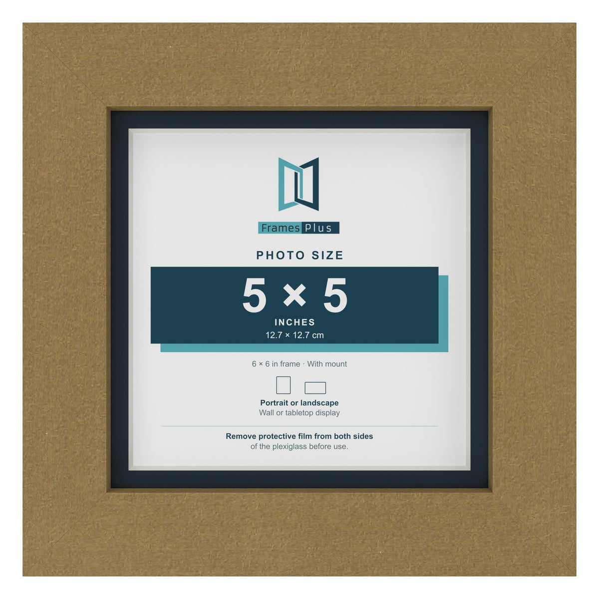 Gold 6 x 6 inch picture frame with a Pacific Blue mount for a 5 x 5 inch photo