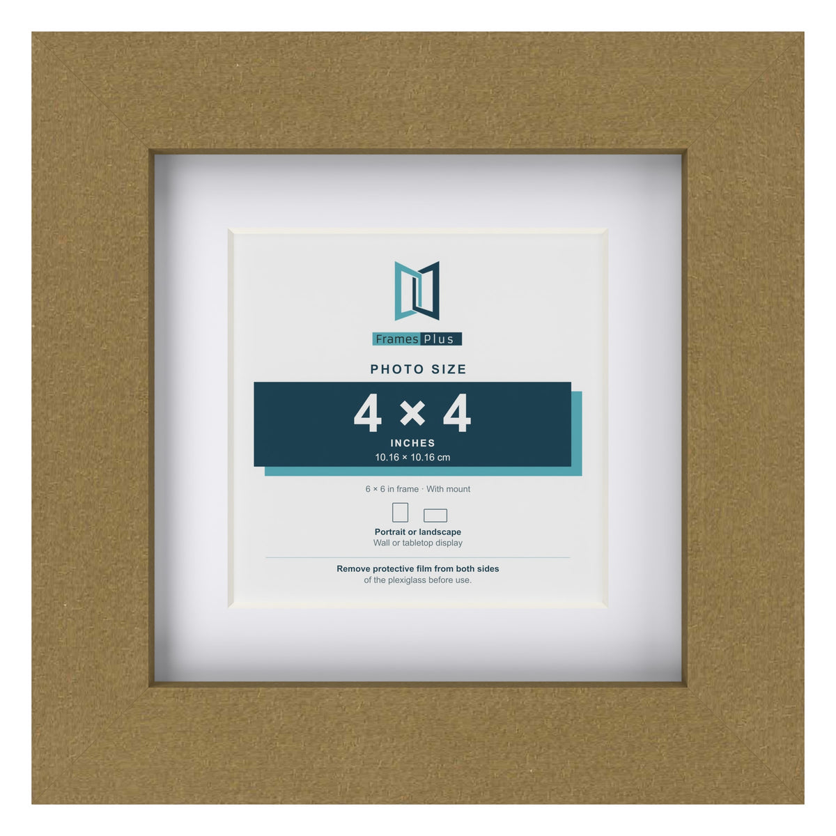 Gold 6 x 6 inch picture frame with a white mount for a 4 x 4 inch photo