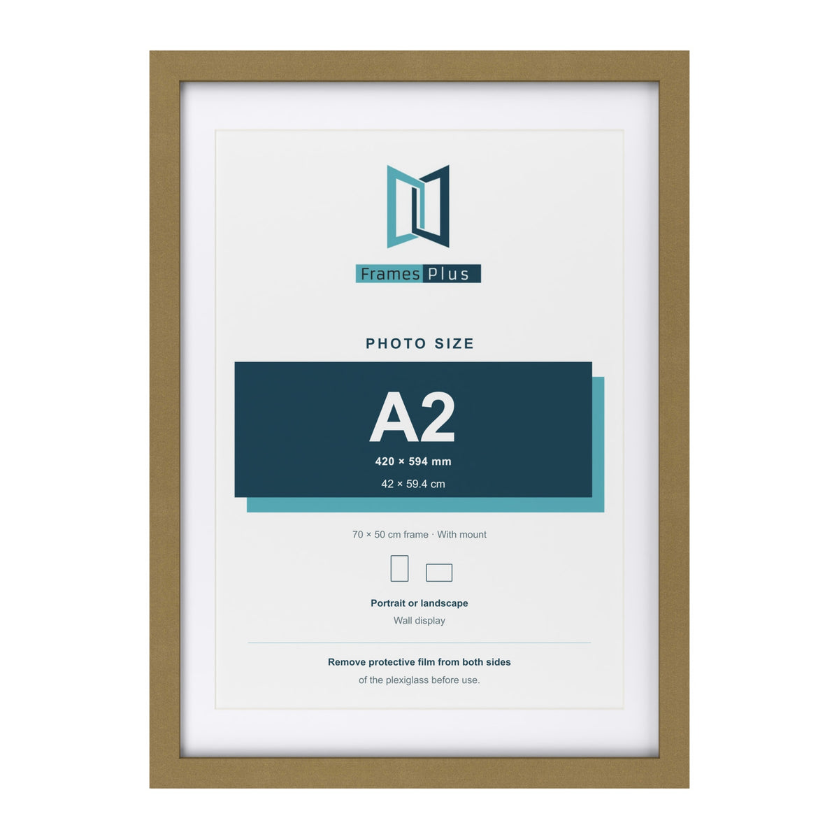Gold 70 x 50 cm picture frame with a white mount for an A2 photo