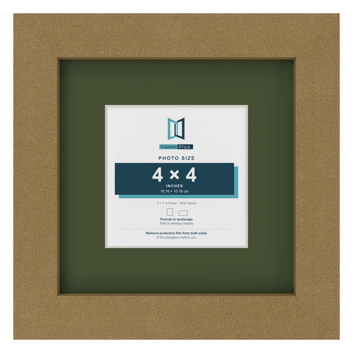 Gold 7 x 7 inch picture frame with a green mount for a 4 x 4 inch photo
