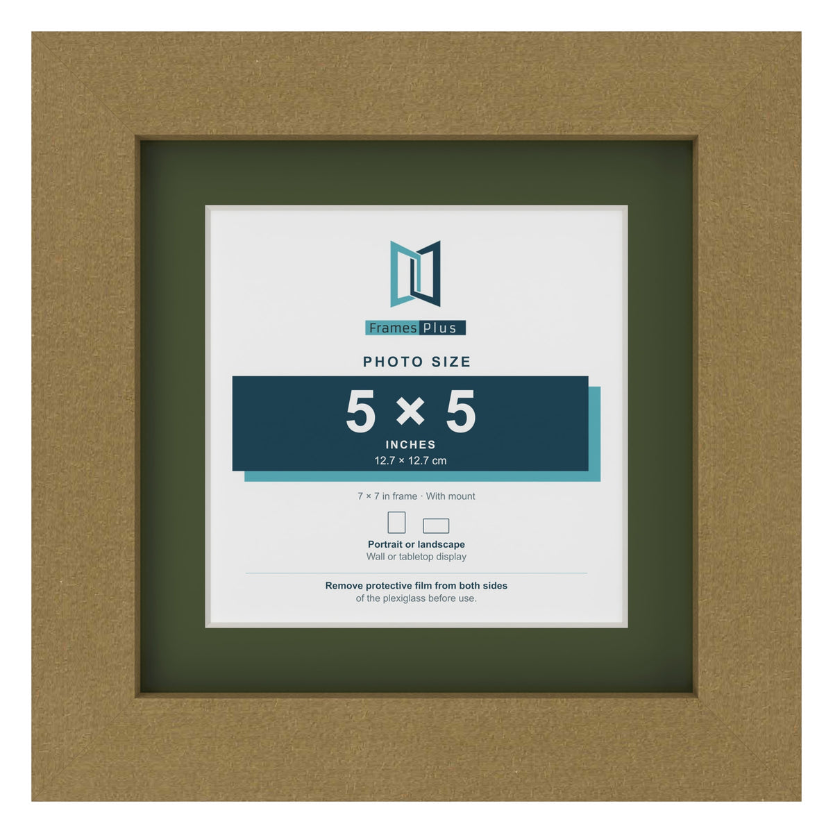 Gold 7 x 7 inch picture frame with a green mount for a 5 x 5 inch photo