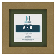 Gold 7 x 7 inch picture frame with a green mount for a 5 x 5 inch photo