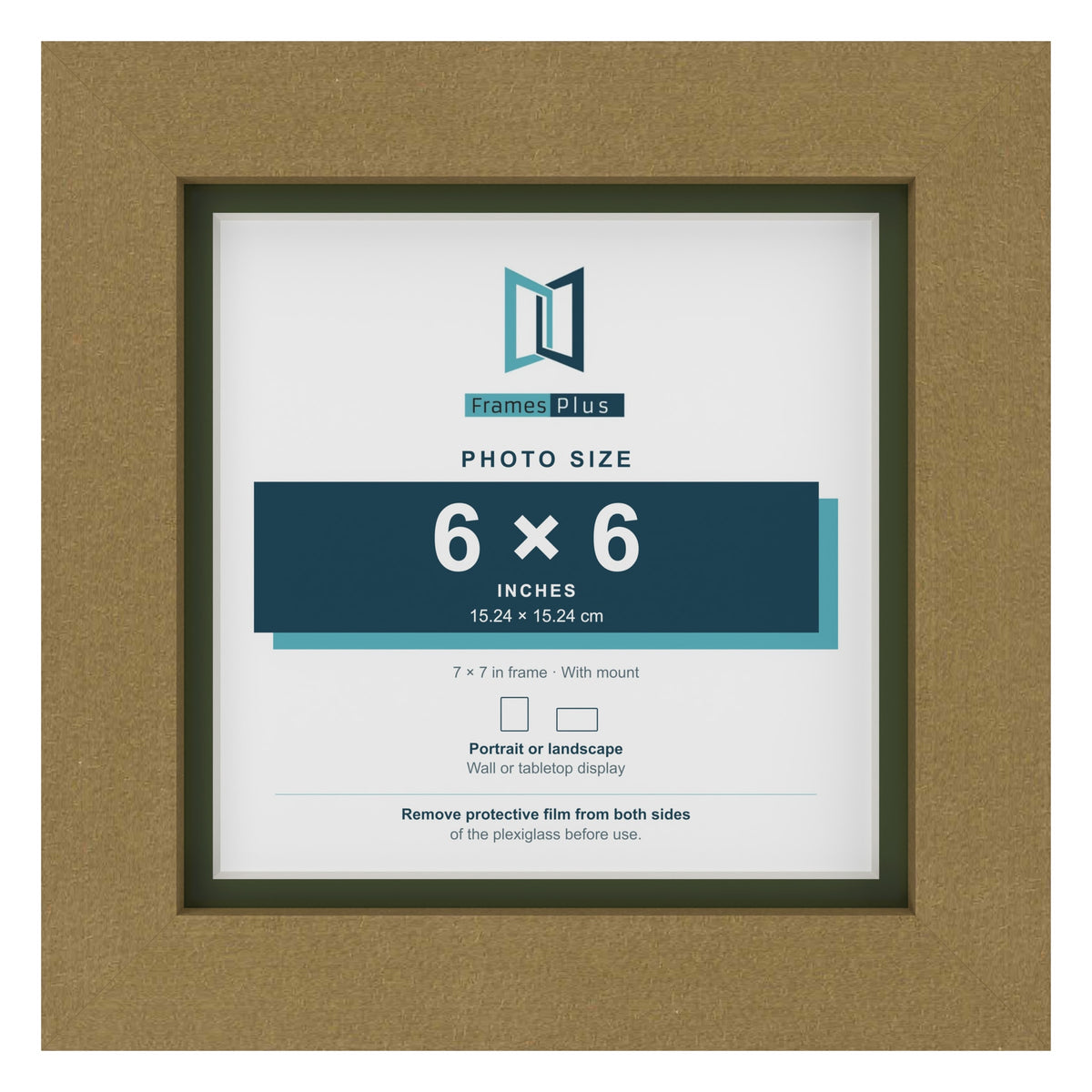Gold 7 x 7 inch picture frame with a green mount for a 6 x 6 inch photo