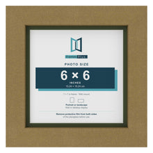 Gold 7 x 7 inch picture frame with a green mount for a 6 x 6 inch photo