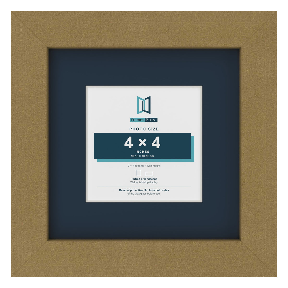Gold 7 x 7 inch picture frame with a Pacific Blue mount for a 4 x 4 inch photo