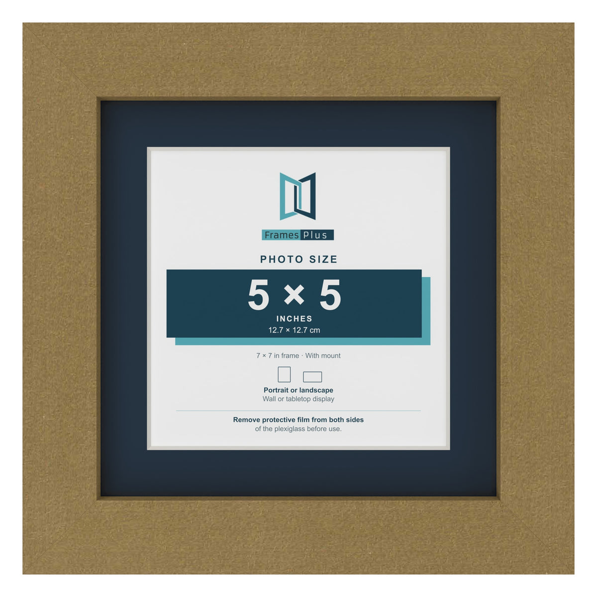 Gold 7 x 7 inch picture frame with a Pacific Blue mount for a 5 x 5 inch photo
