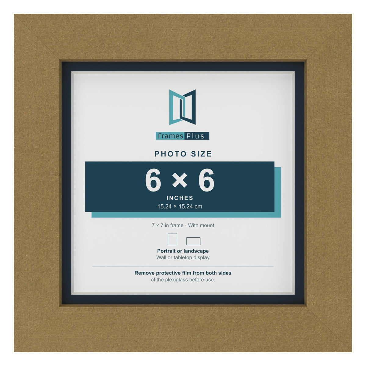 Gold 7 x 7 inch picture frame with a Pacific Blue mount for a 6 x 6 inch photo