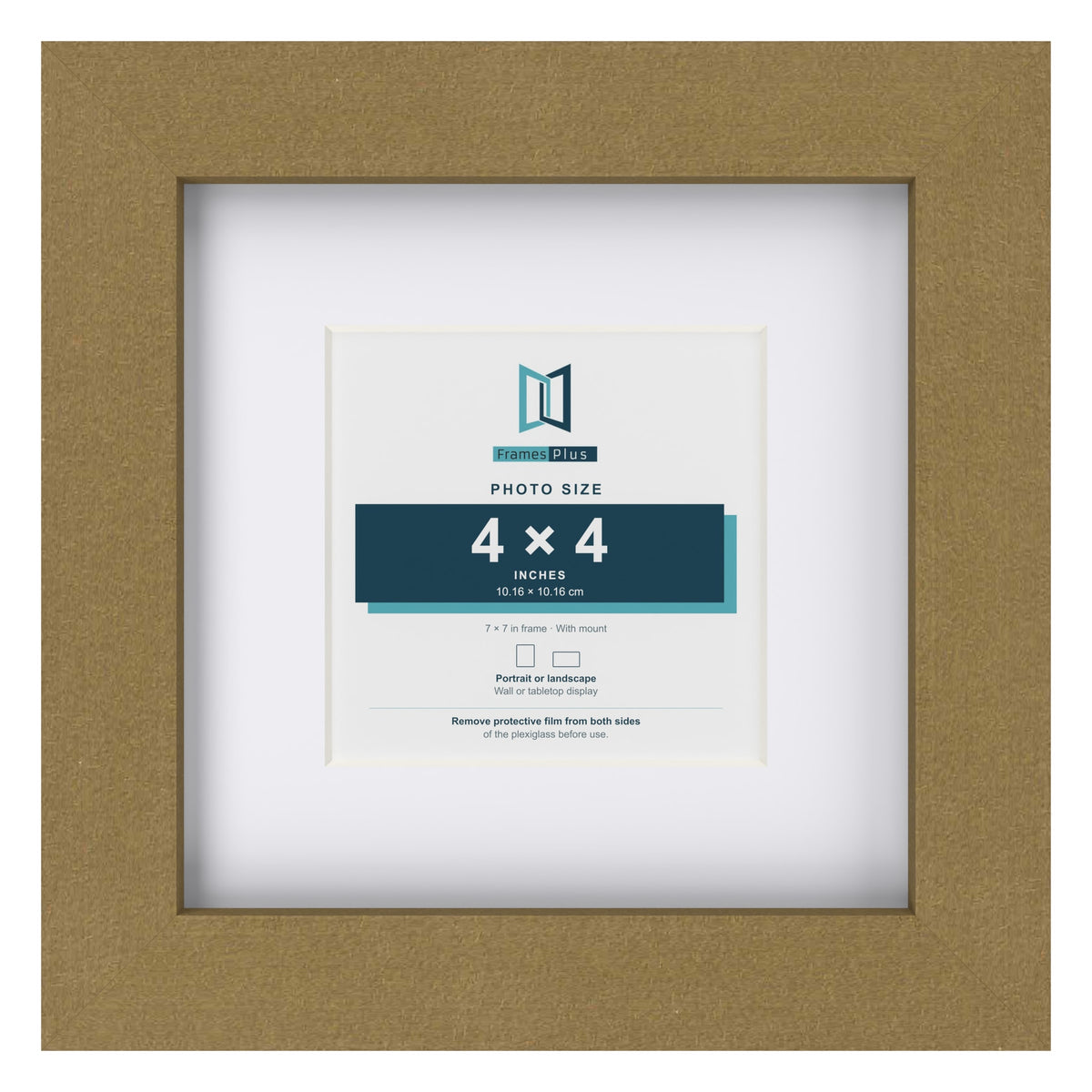 Gold 7 x 7 inch picture frame with a white mount for a 4 x 4 inch photo