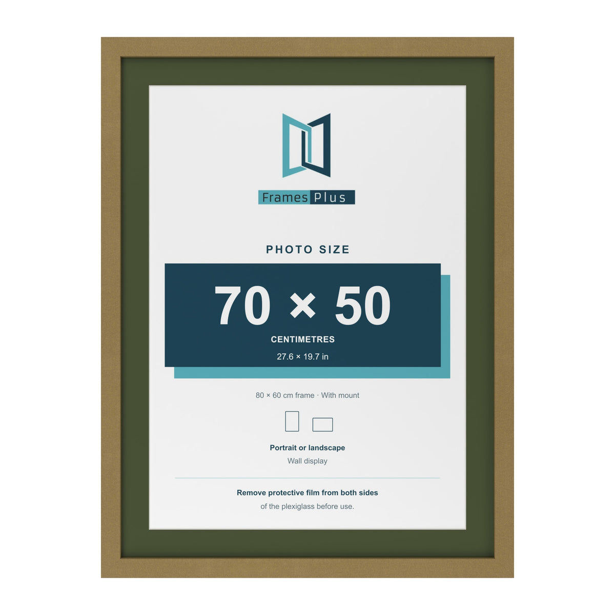 Gold 80 x 60 cm picture frame with a green mount for a 70 x 50 cm photo