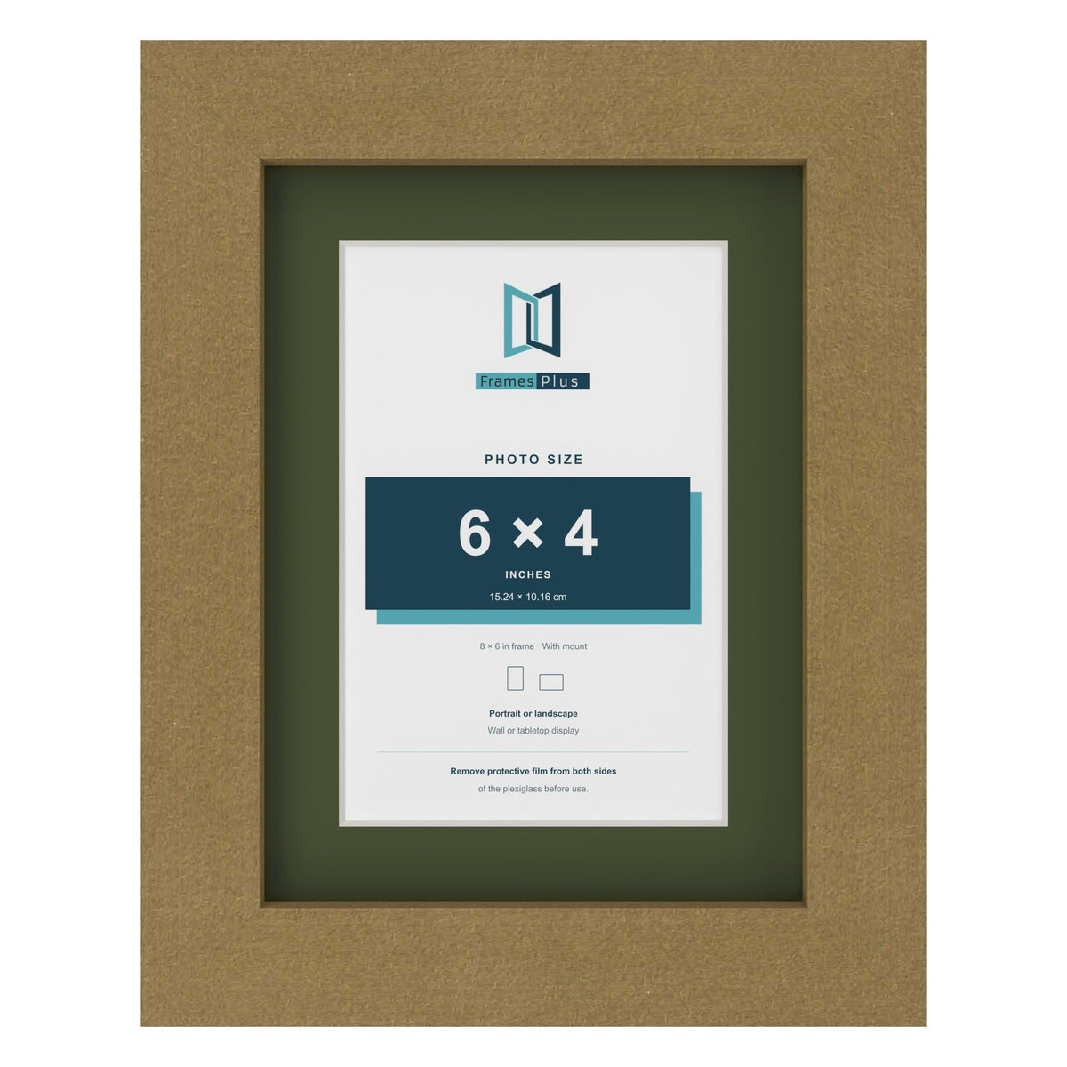 Gold 8 x 6 inch picture frame with a green mount for a 6 x 4 inch photo