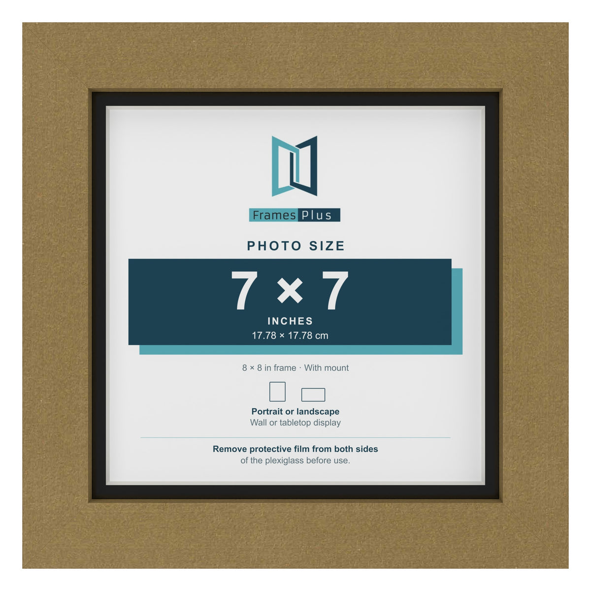 Gold 8 x 8 inch picture frame with a black mount for a 7 x 7 inch photo