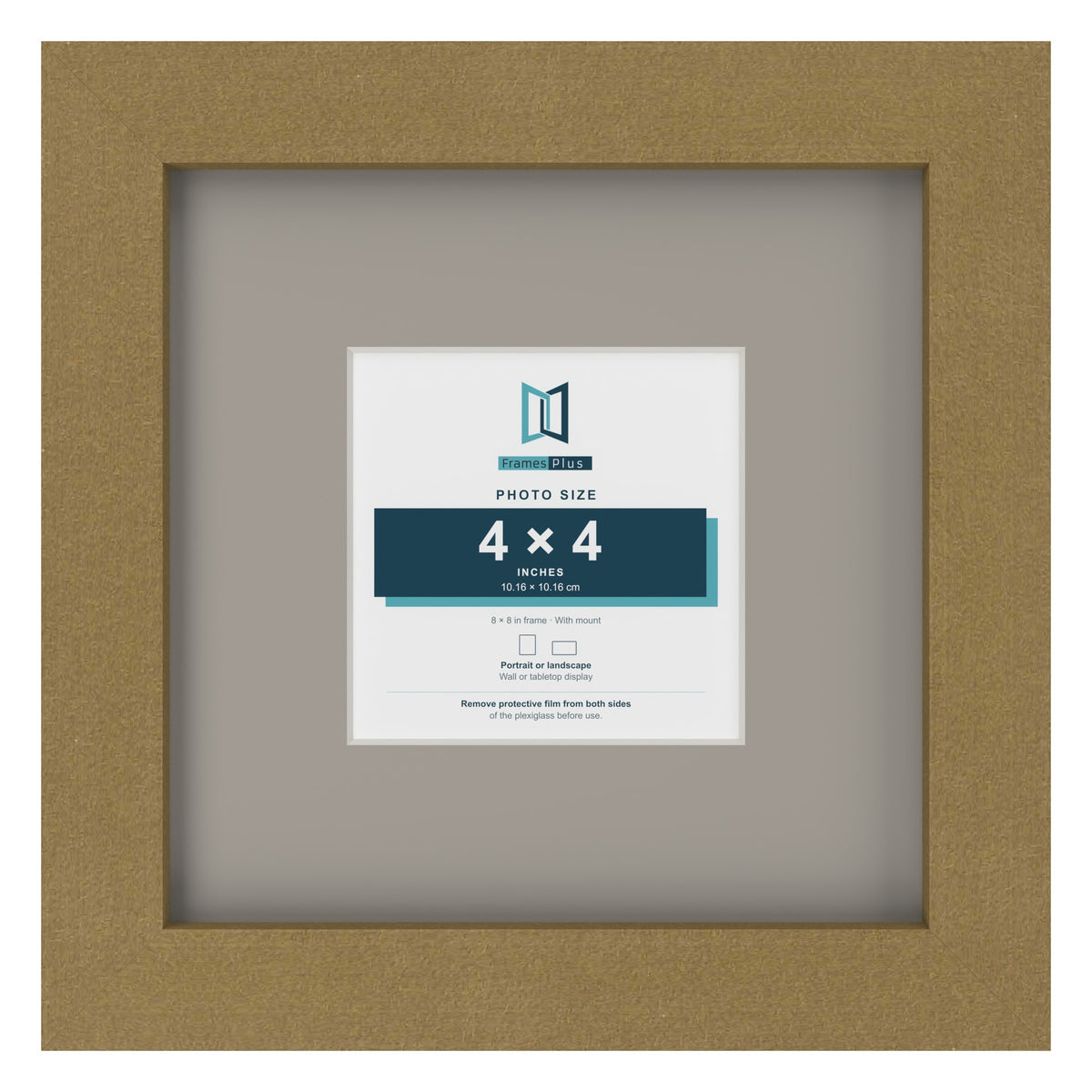 Gold 8 x 8 inch picture frame with a Dawn Grey mount for a 4 x 4 inch photo