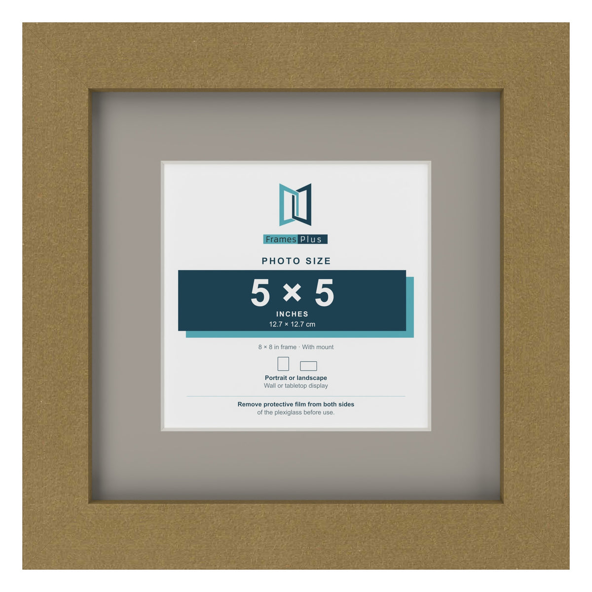 Gold 8 x 8 inch picture frame with a Dawn Grey mount for a 5 x 5 inch photo