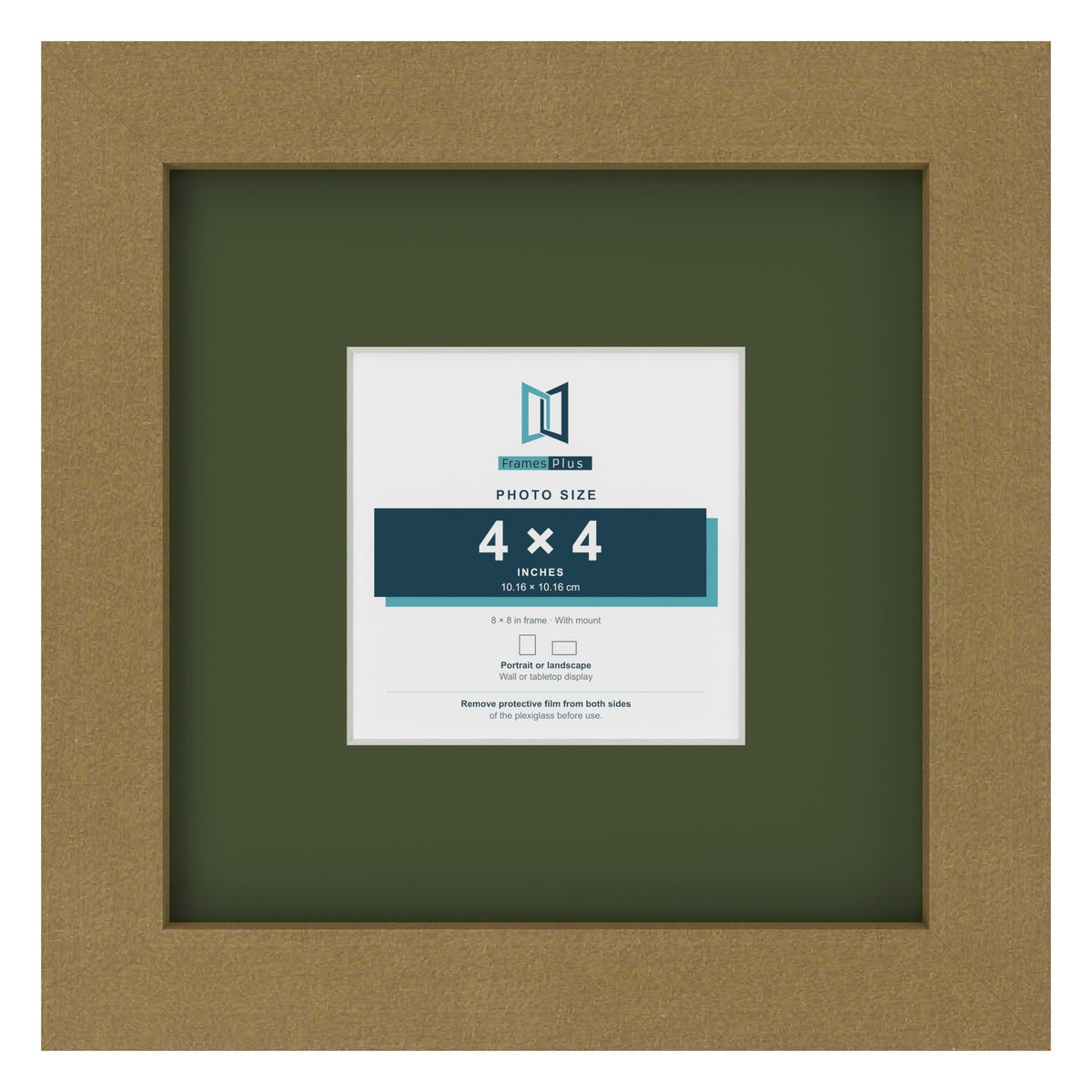 Gold 8 x 8 inch picture frame with a green mount for a 4 x 4 inch photo