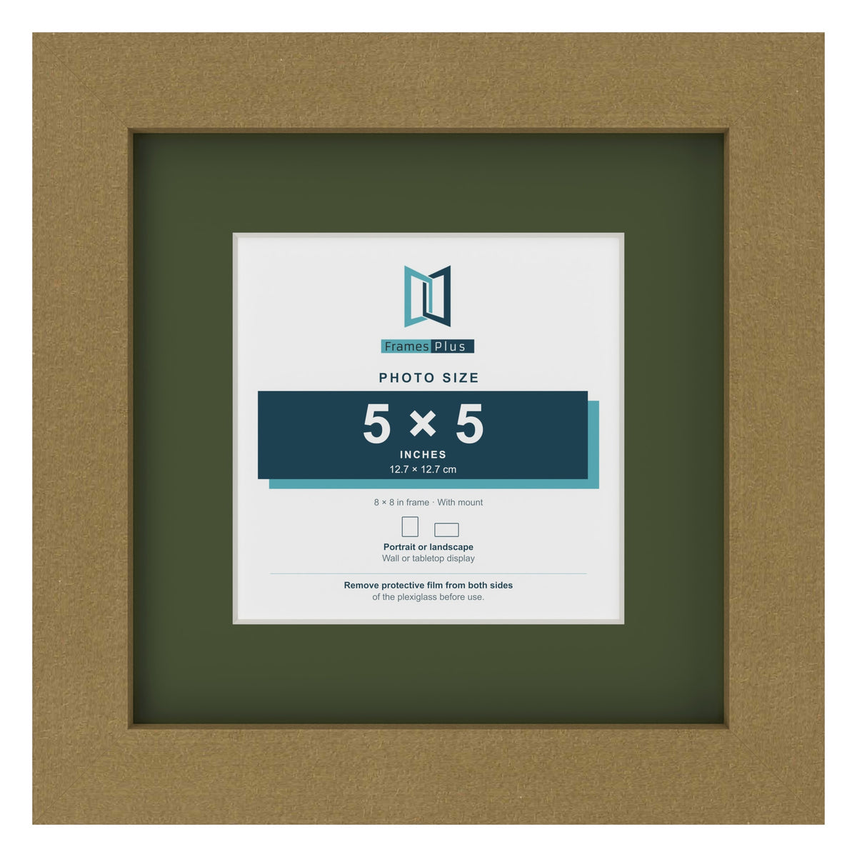 Gold 8 x 8 inch picture frame with a green mount for a 5 x 5 inch photo