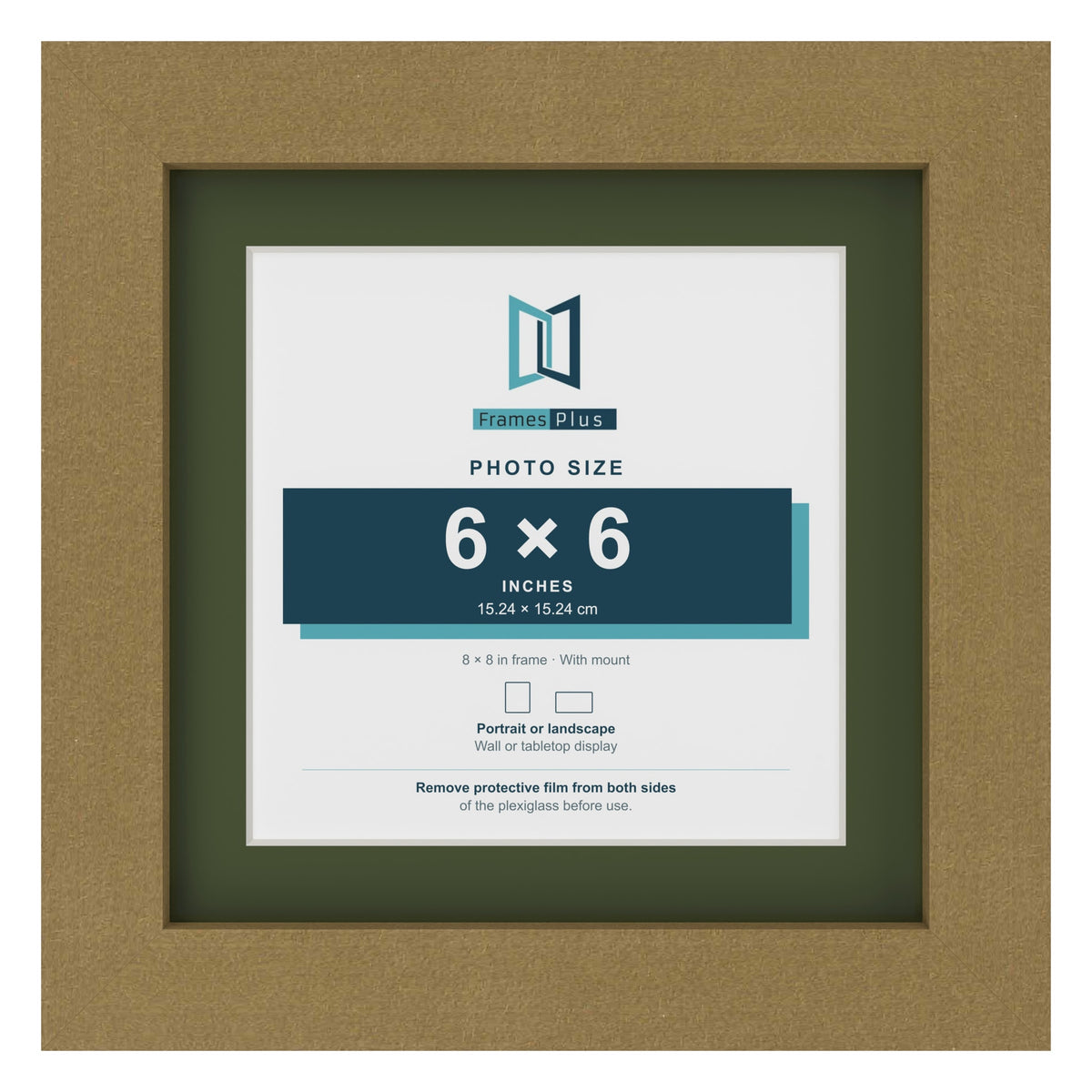 Gold 8 x 8 inch picture frame with a green mount for a 6 x 6 inch photo