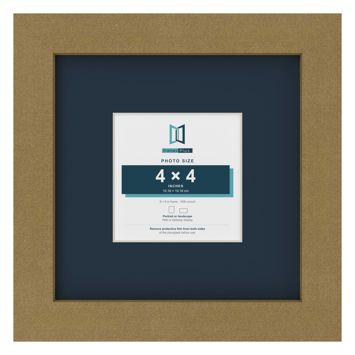 Gold 8 x 8 inch picture frame with a Pacific Blue mount for a 4 x 4 inch photo