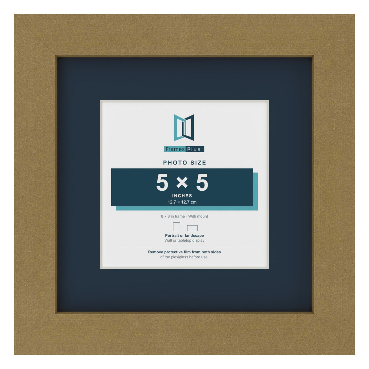 Gold 8 x 8 inch picture frame with a Pacific Blue mount for a 5 x 5 inch photo