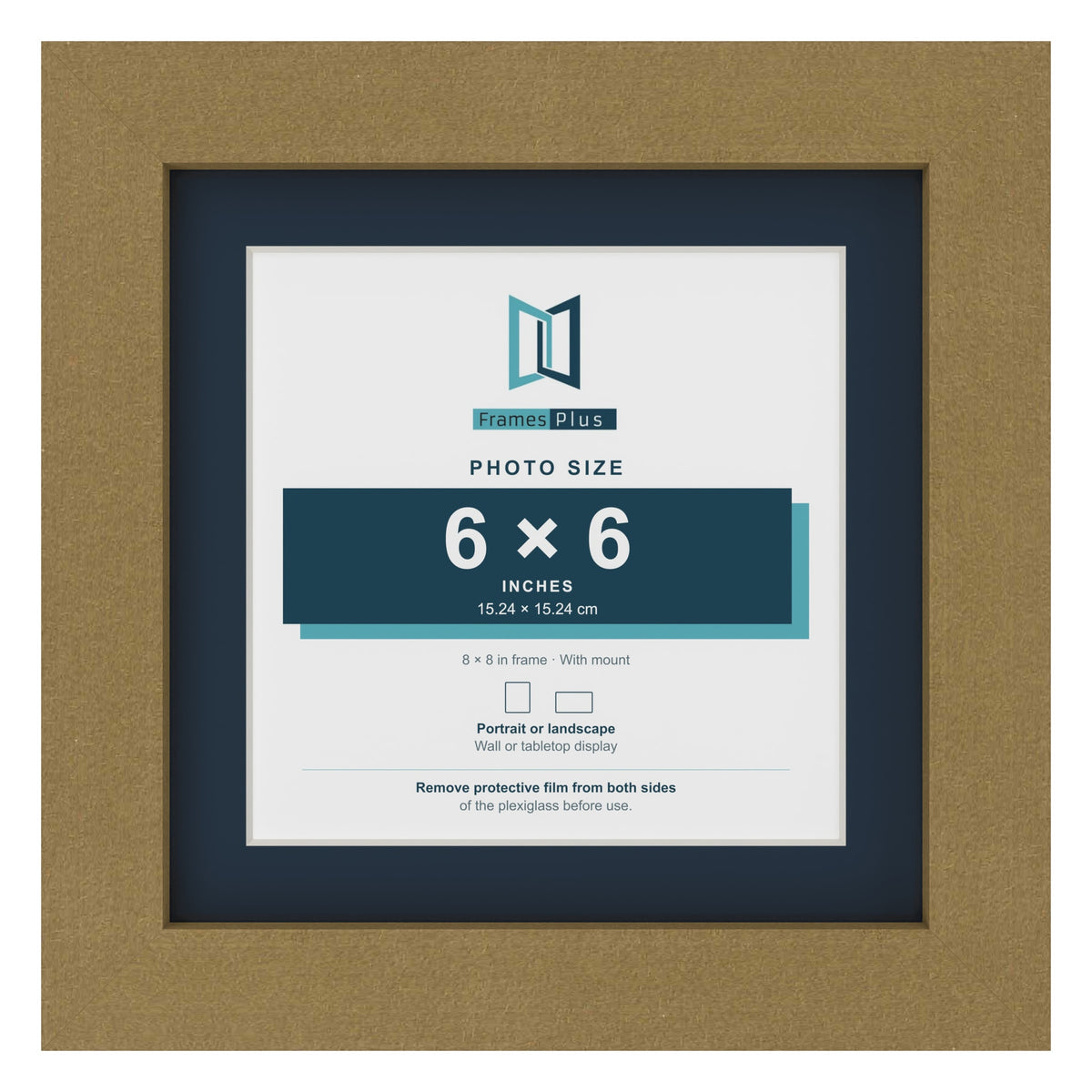 Gold 8 x 8 inch picture frame with a Pacific Blue mount for a 6 x 6 inch photo