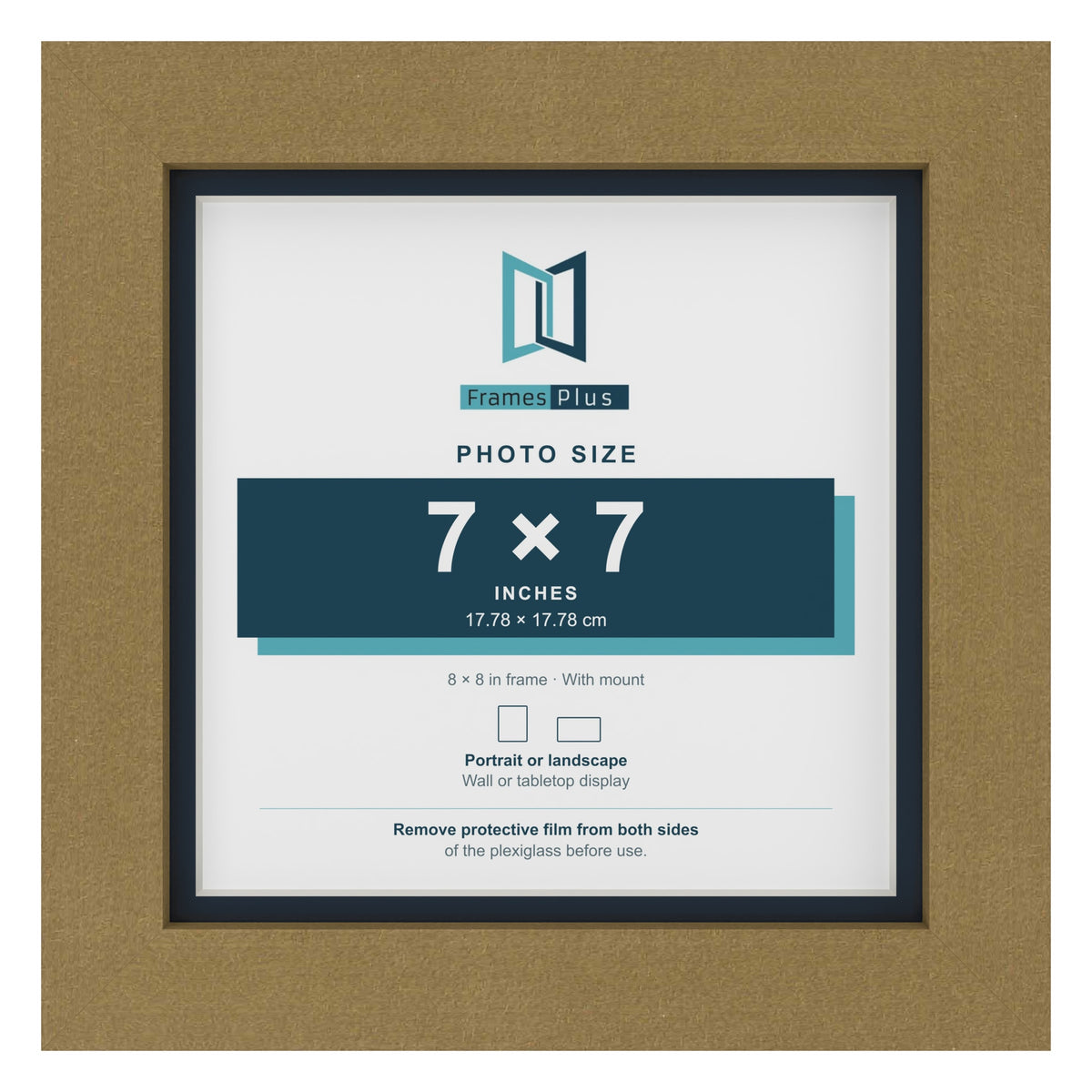 Gold 8 x 8 inch picture frame with a Pacific Blue mount for a 7 x 7 inch photo