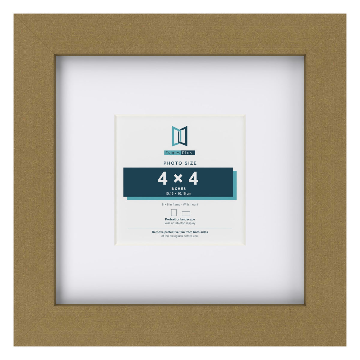 Gold 8 x 8 inch picture frame with a white mount for a 4 x 4 inch photo
