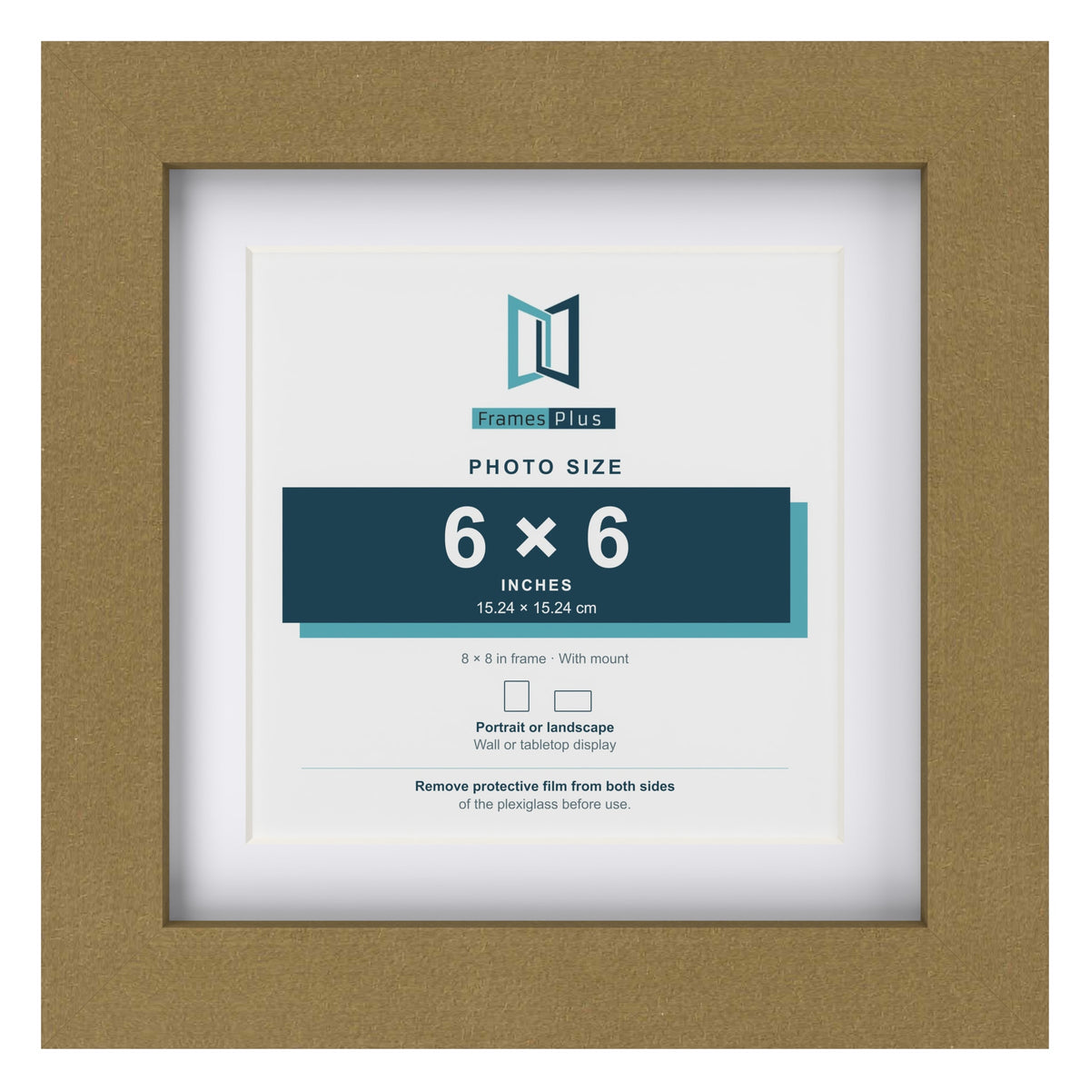Gold 8 x 8 inch picture frame with a white mount for a 6 x 6 inch photo