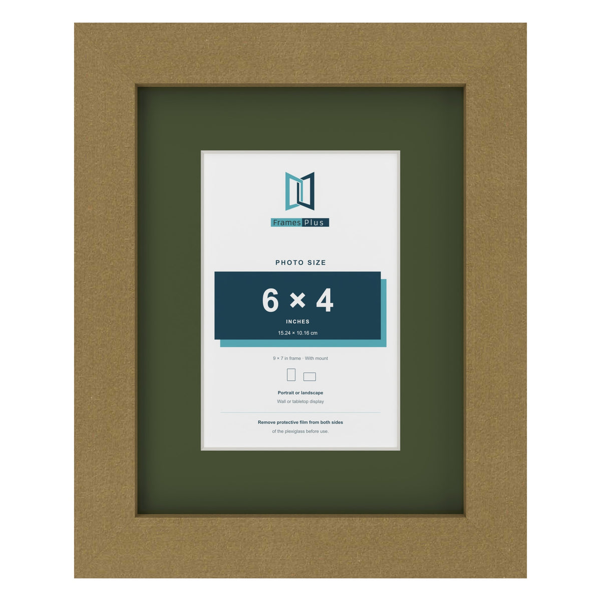 Gold 9 x 7 inch picture frame with a green mount for a 6 x 4 inch photo