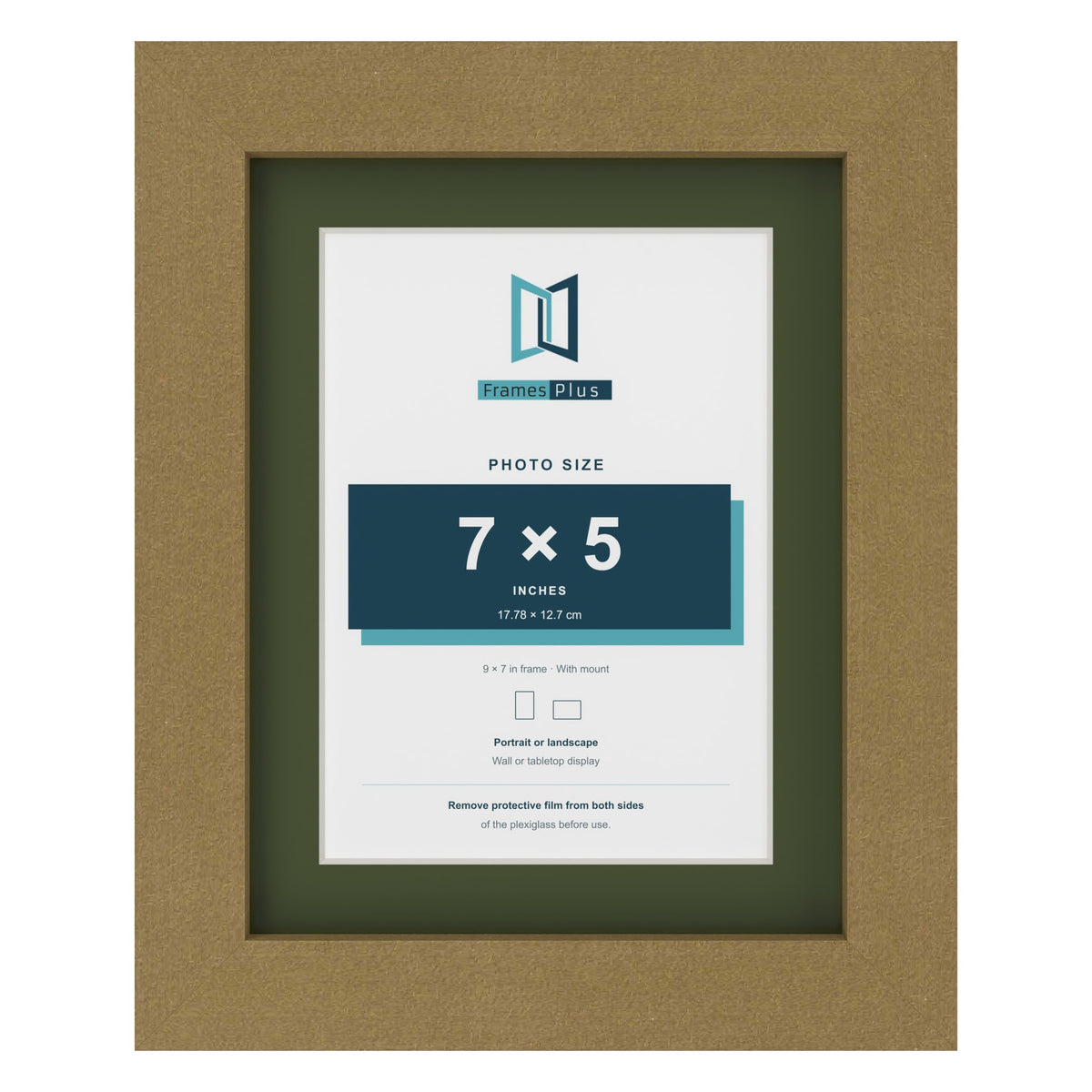 Gold 9 x 7 inch picture frame with a green mount for a 7 x 5 inch photo