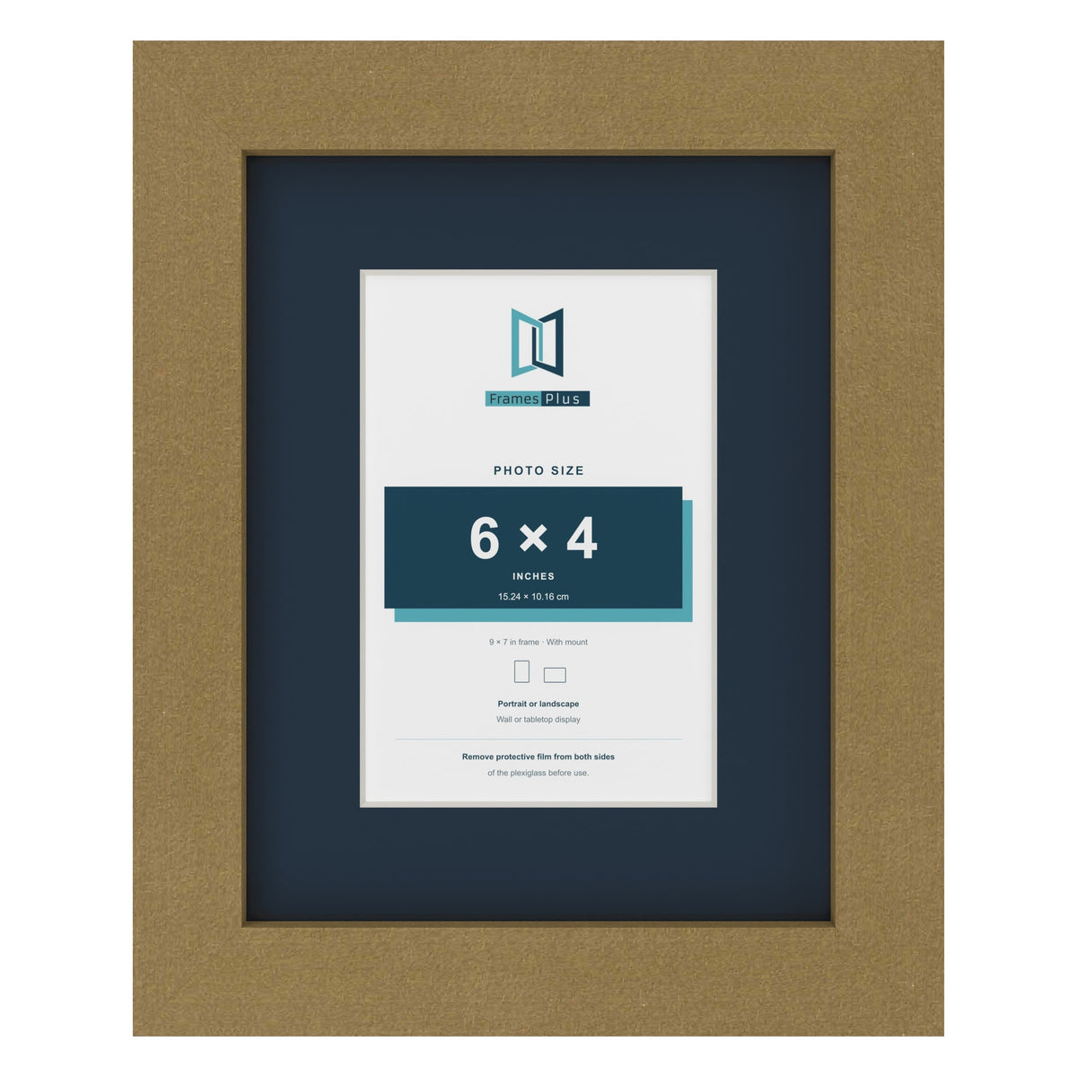 Gold 9 x 7 inch picture frame with a Pacific Blue mount for a 6 x 4 inch photo