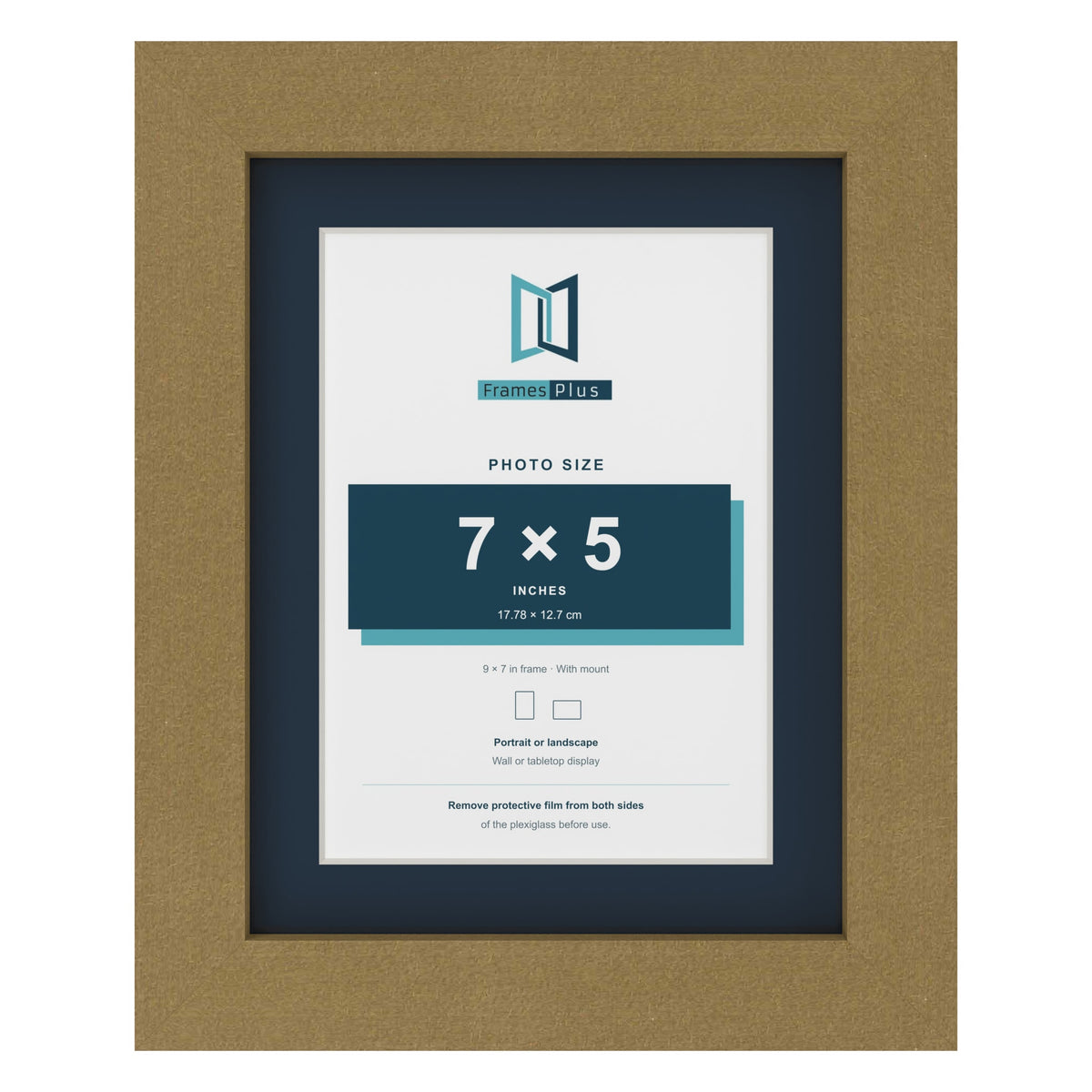 Gold 9 x 7 inch picture frame with a Pacific Blue mount for a 7 x 5 inch photo