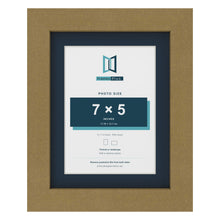 Gold 9 x 7 inch picture frame with a Pacific Blue mount for a 7 x 5 inch photo
