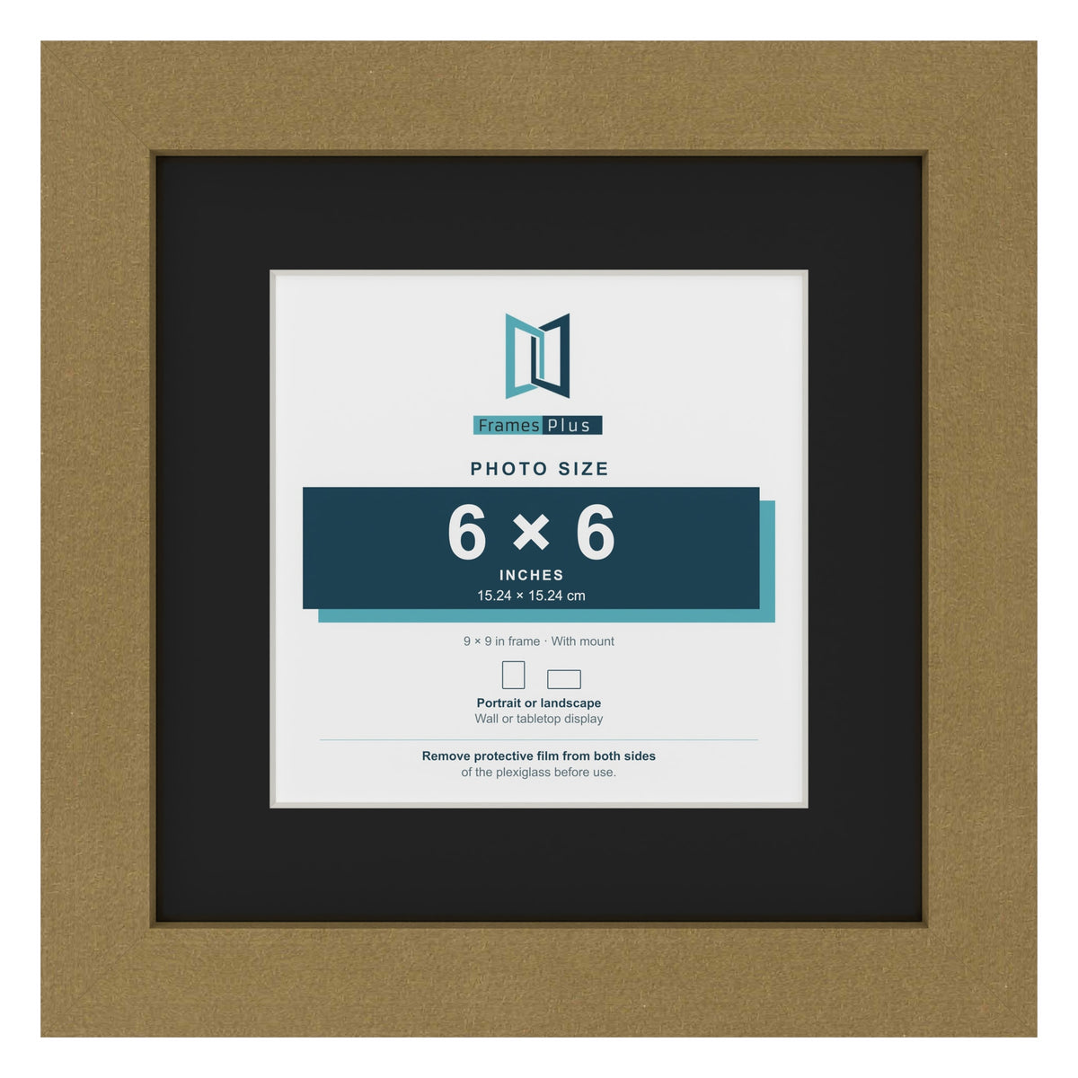 Gold 9 x 9 inch picture frame with a black mount for a 6 x 6 inch photo