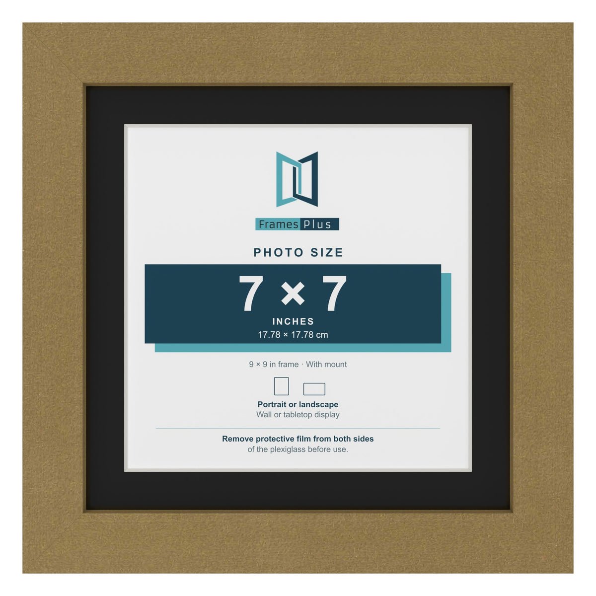 Gold 9 x 9 inch picture frame with a black mount for a 7 x 7 inch photo