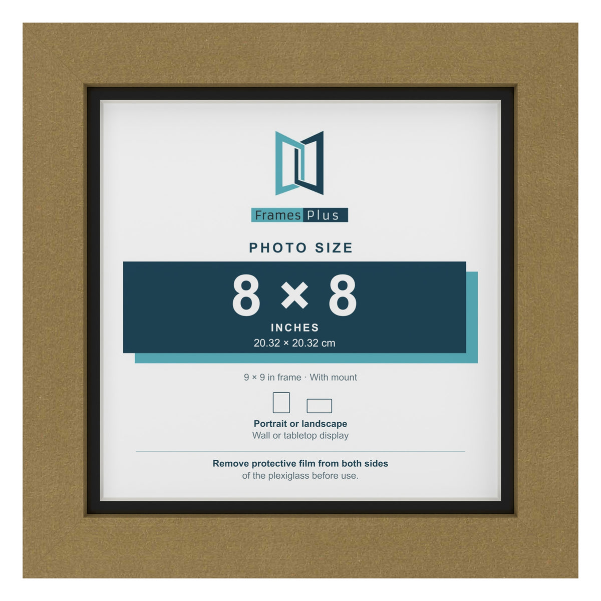 Gold 9 x 9 inch picture frame with a black mount for an 8 x 8 inch photo