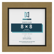 Gold 9 x 9 inch picture frame with a black mount for an 8 x 8 inch photo