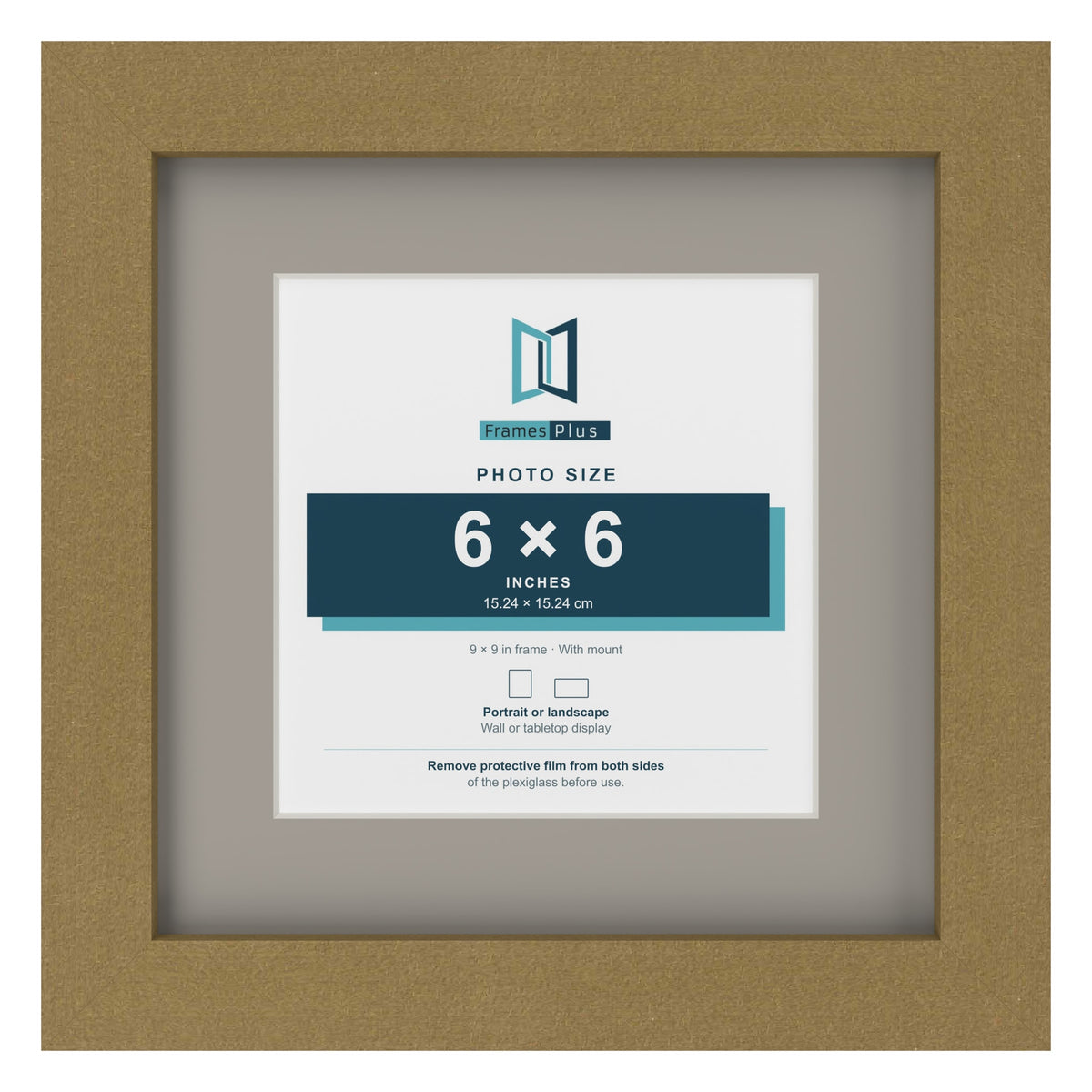 Gold 9 x 9 inch picture frame with a Dawn Grey mount for a 6 x 6 inch photo