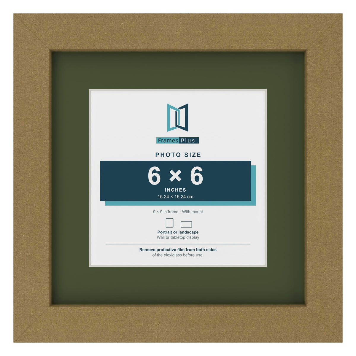 Gold 9 x 9 inch picture frame with a green mount for a 6 x 6 inch photo