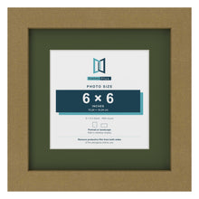 Gold 9 x 9 inch picture frame with a green mount for a 6 x 6 inch photo