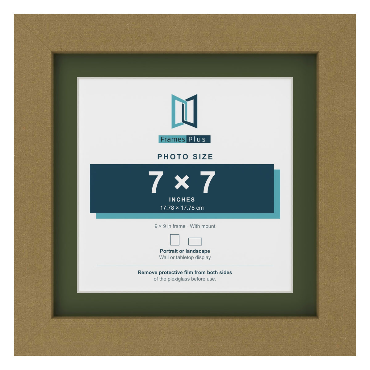Gold 9 x 9 inch picture frame with a green mount for a 7 x 7 inch photo