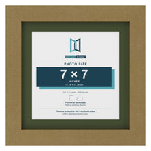 Gold 9 x 9 inch picture frame with a green mount for a 7 x 7 inch photo