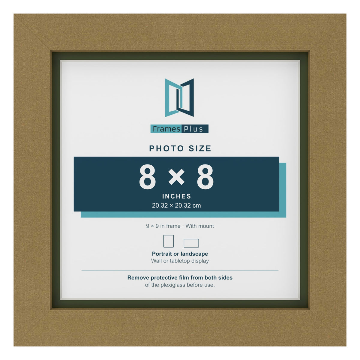 Gold 9 x 9 inch picture frame with a green mount for an 8 x 8 inch photo