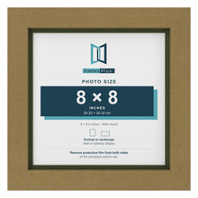 Gold 9 x 9 inch picture frame with a green mount for an 8 x 8 inch photo