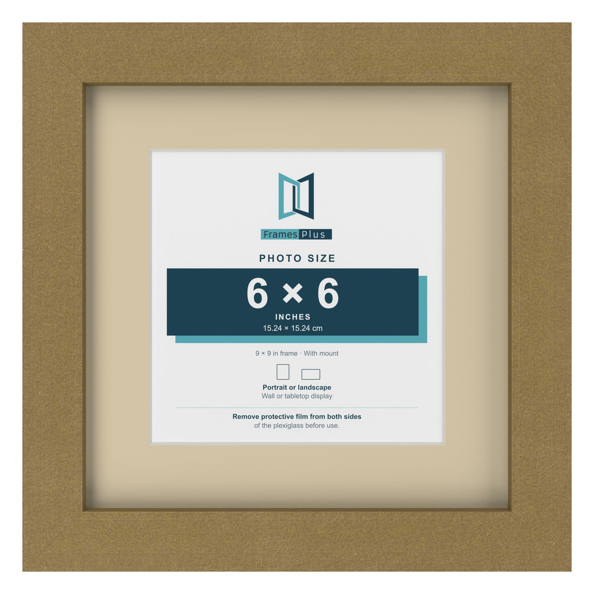 Gold 9 x 9 inch picture frame with an ivory mount for a 6 x 6 inch photo