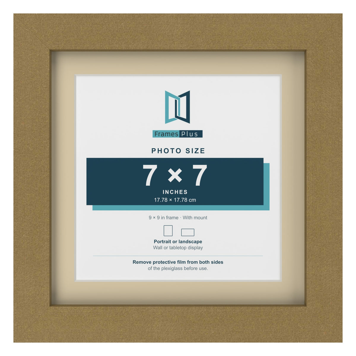 Gold 9 x 9 inch picture frame with an ivory mount for a 7 x 7 inch photo