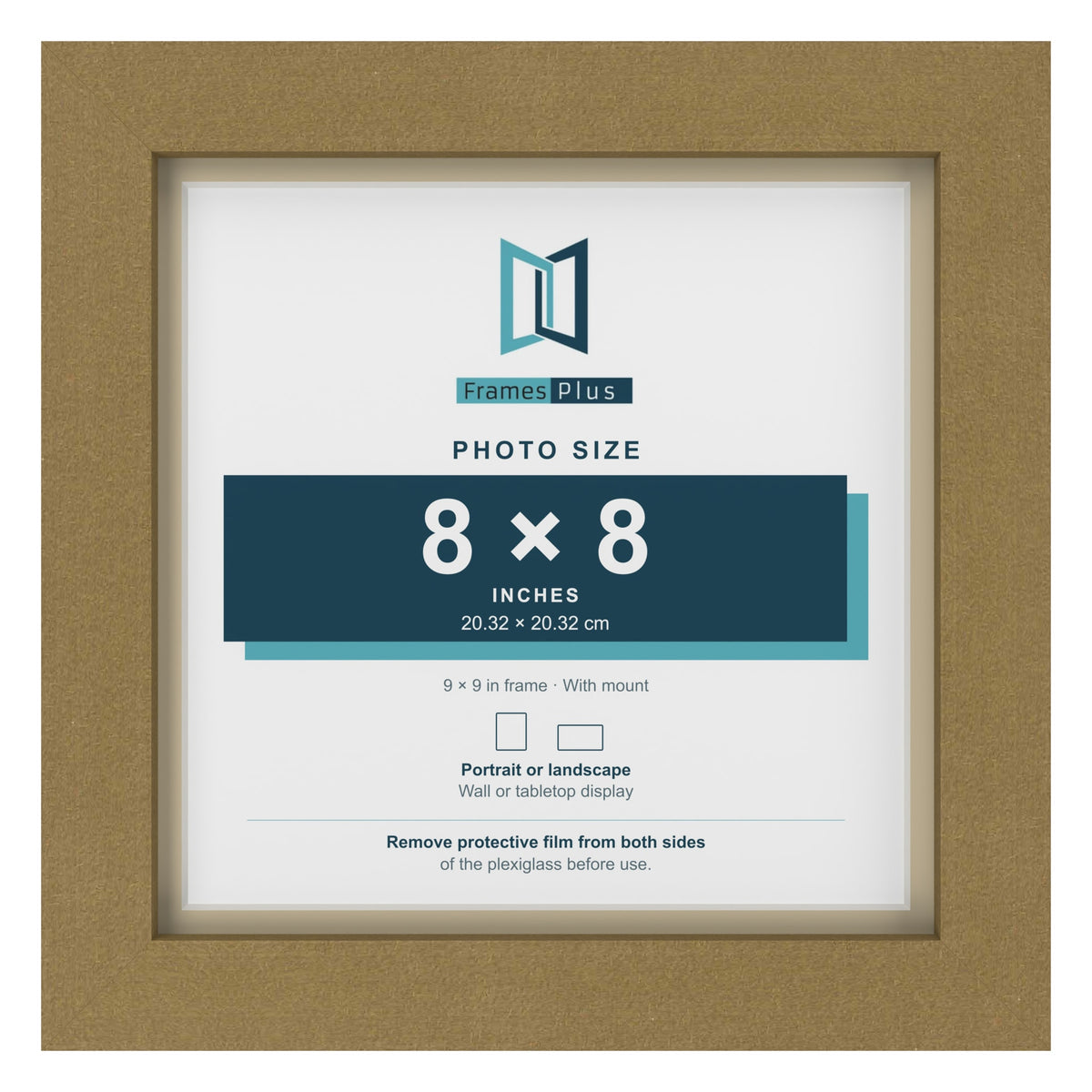 Gold 9 x 9 inch picture frame with an ivory mount for an 8 x 8 inch photo